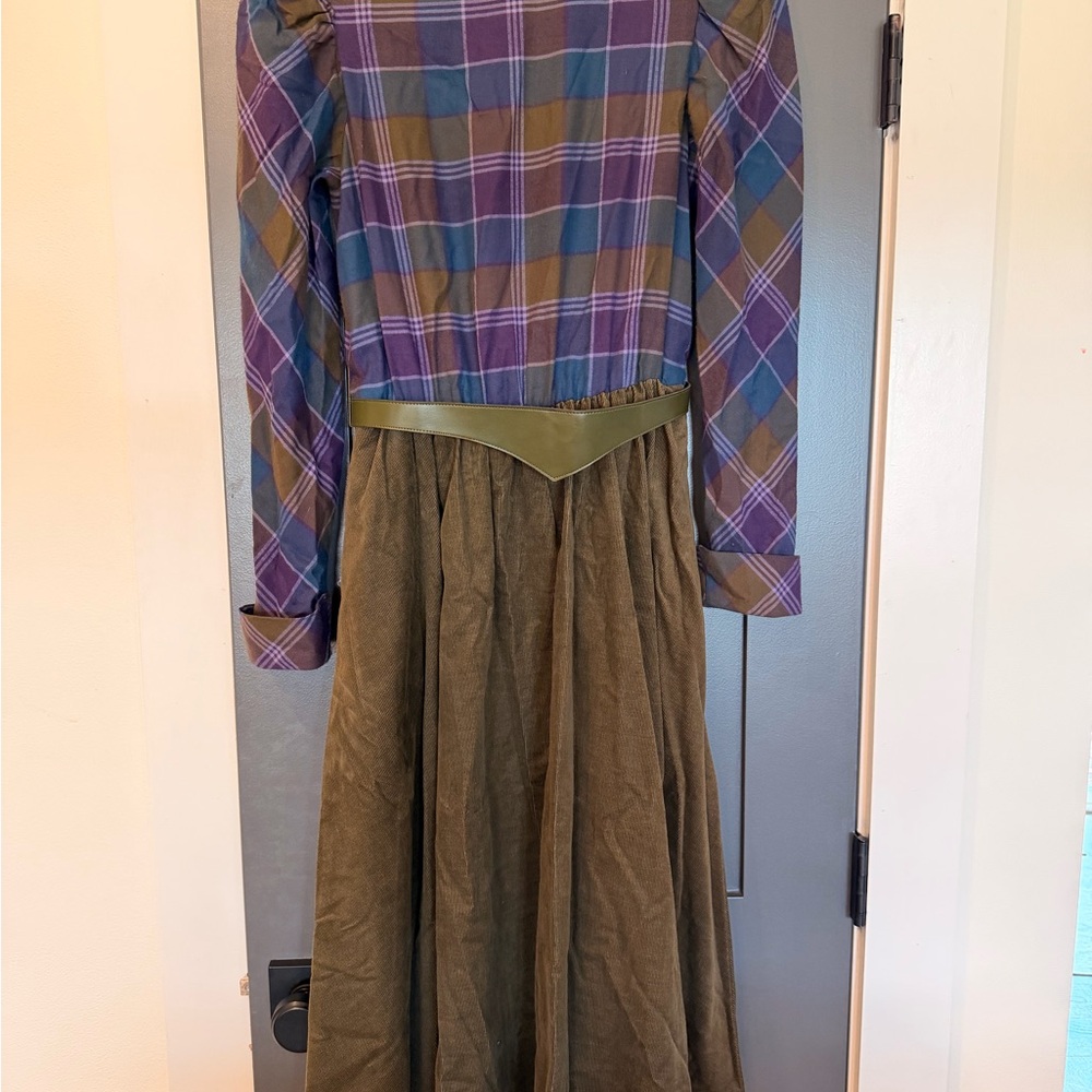 Plaid Long Sleeve Dress with Olive Skirt